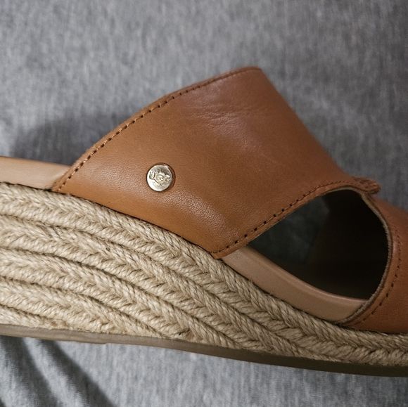 UGG Eirene Tan Leather Wedge Sandals with Braided Detail Size 8 - Picture 6 of 9
